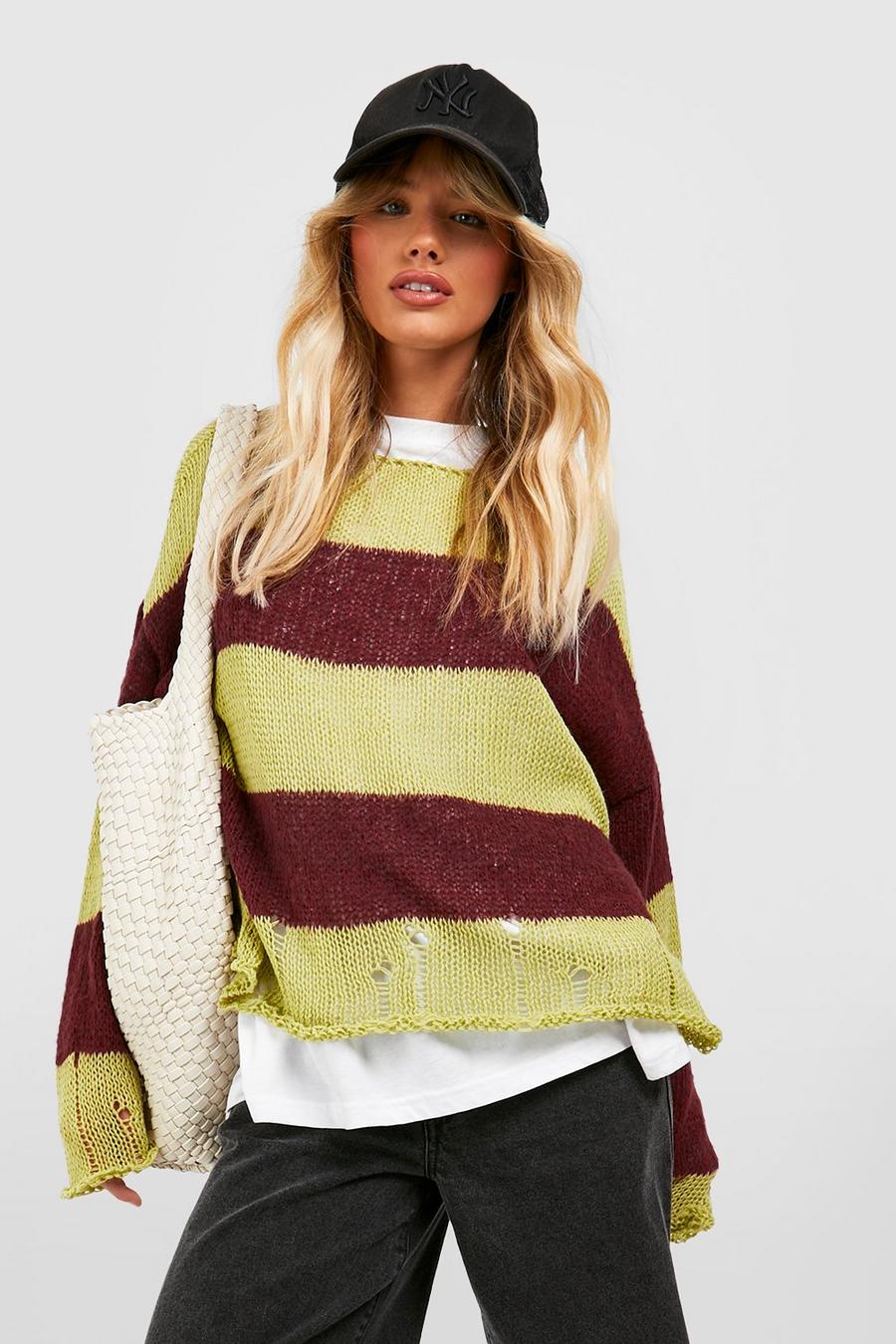 Lime Soft Knit Distressed Slouchy Stripe Sweater