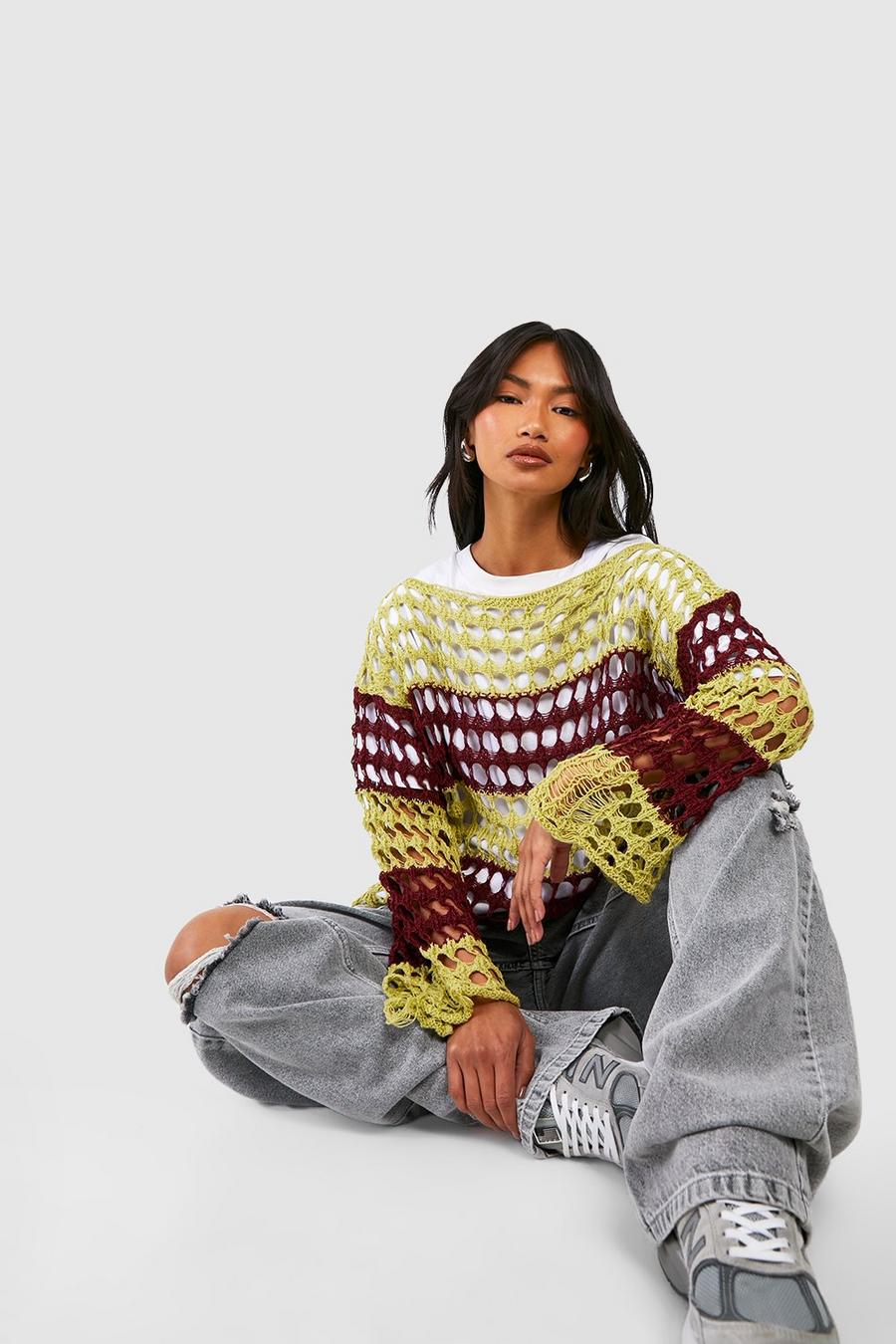 Lime Crochet Stripe Slouchy Sweater