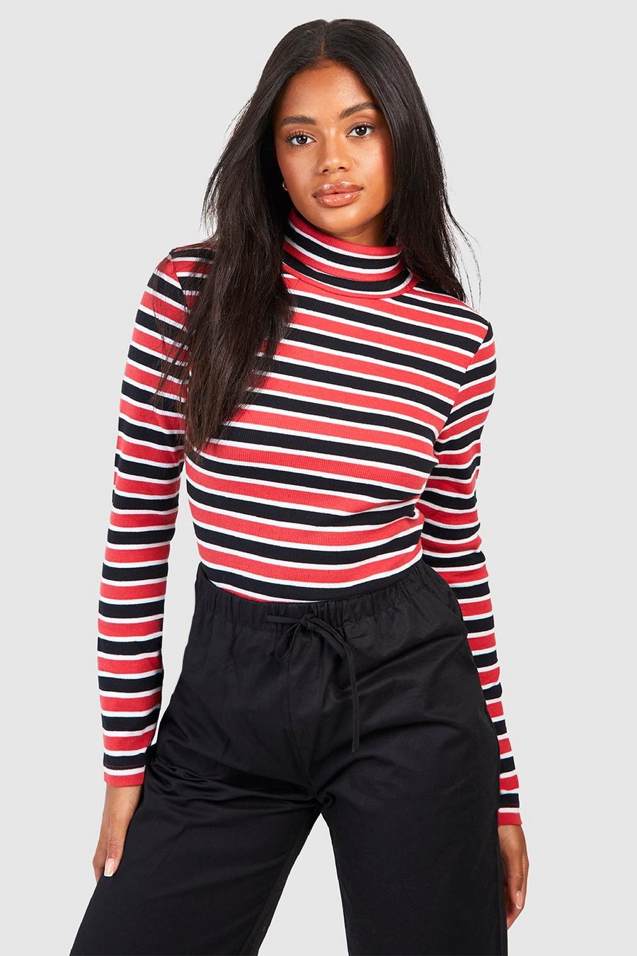 Red Stripe Roll Neck Long Sleeve Top