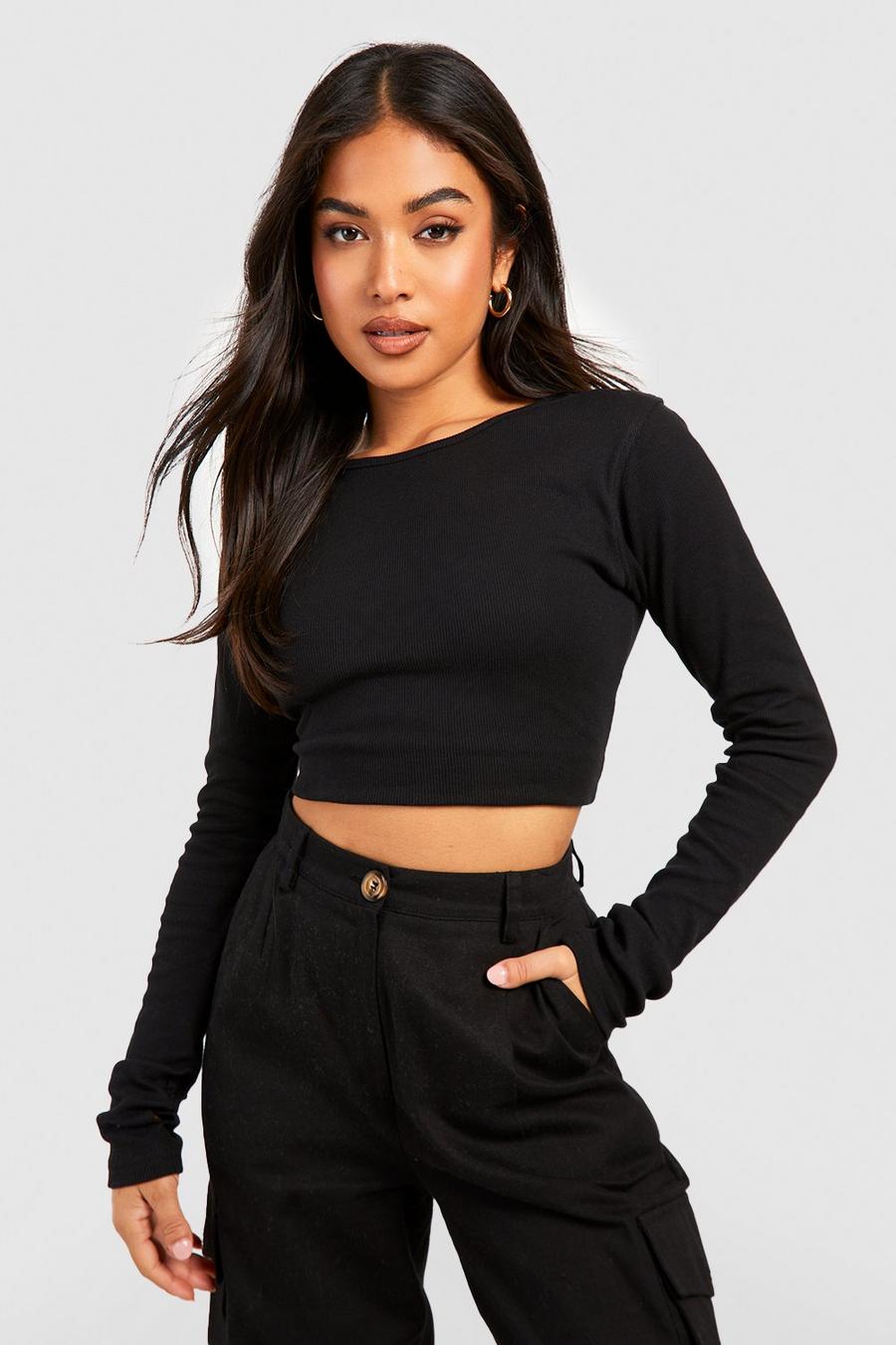 Black Petite Top Met Crewneck En Lange Mouwen