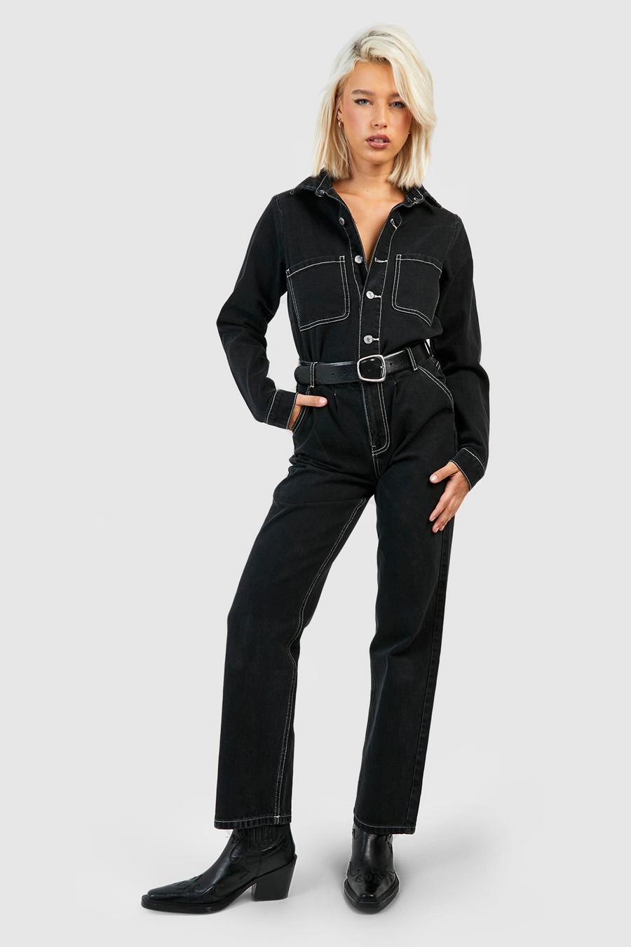 Black Denim Jeans Met Contrasterende Stiksels En Rechte Pijpen