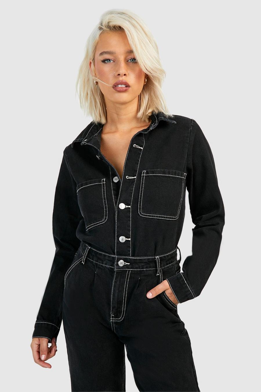 Chemise en jean à coutures contrastantes, Black image number 1