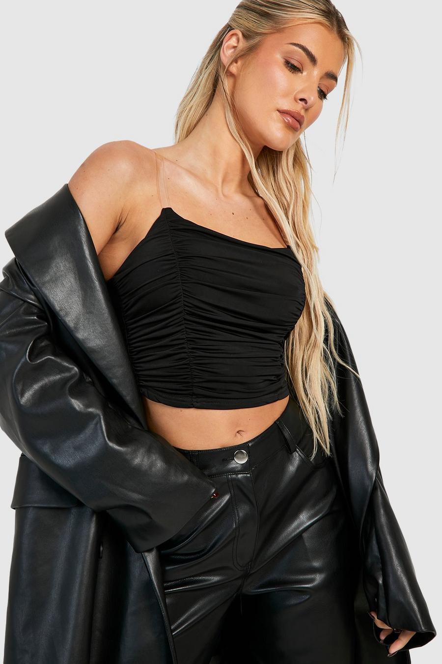 Black Double Sliky Ruched Clear Strap Crop