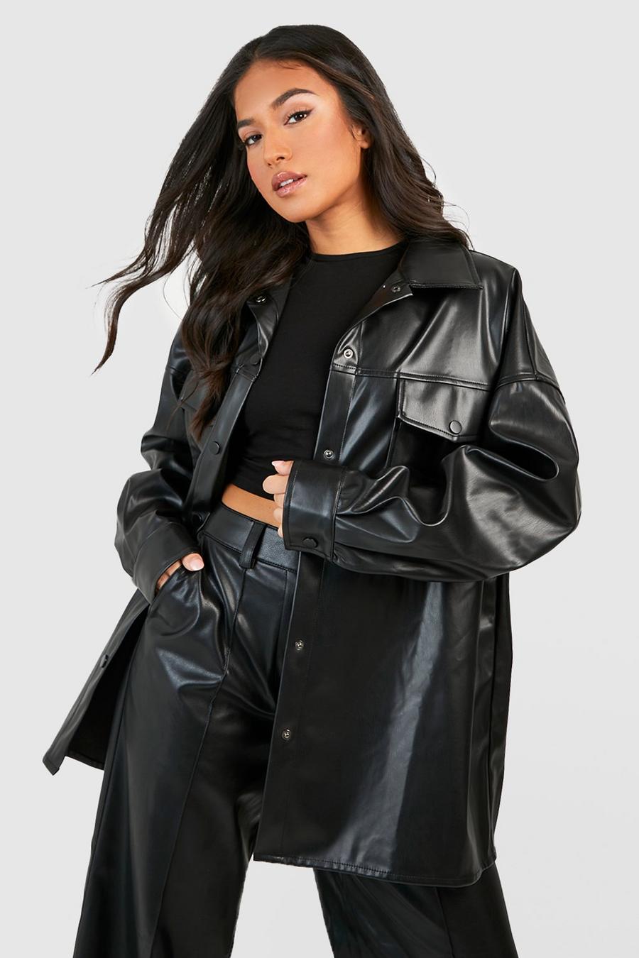 Black Petite Faux Leather Oversized Shacket  image number 1