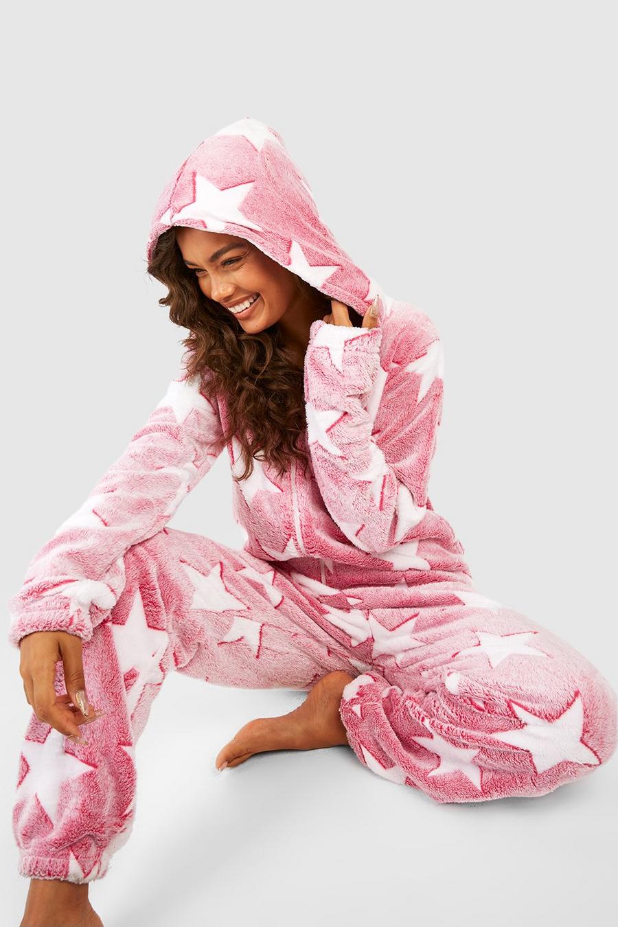 Pijama enterizo con capucha y estampado de estrellas, Pink