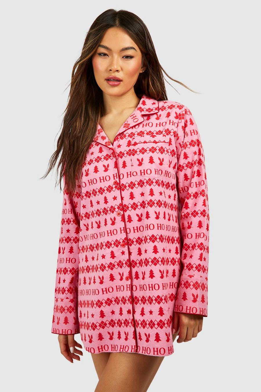 Camisa de pijama navideña cardada, Pink image number 1