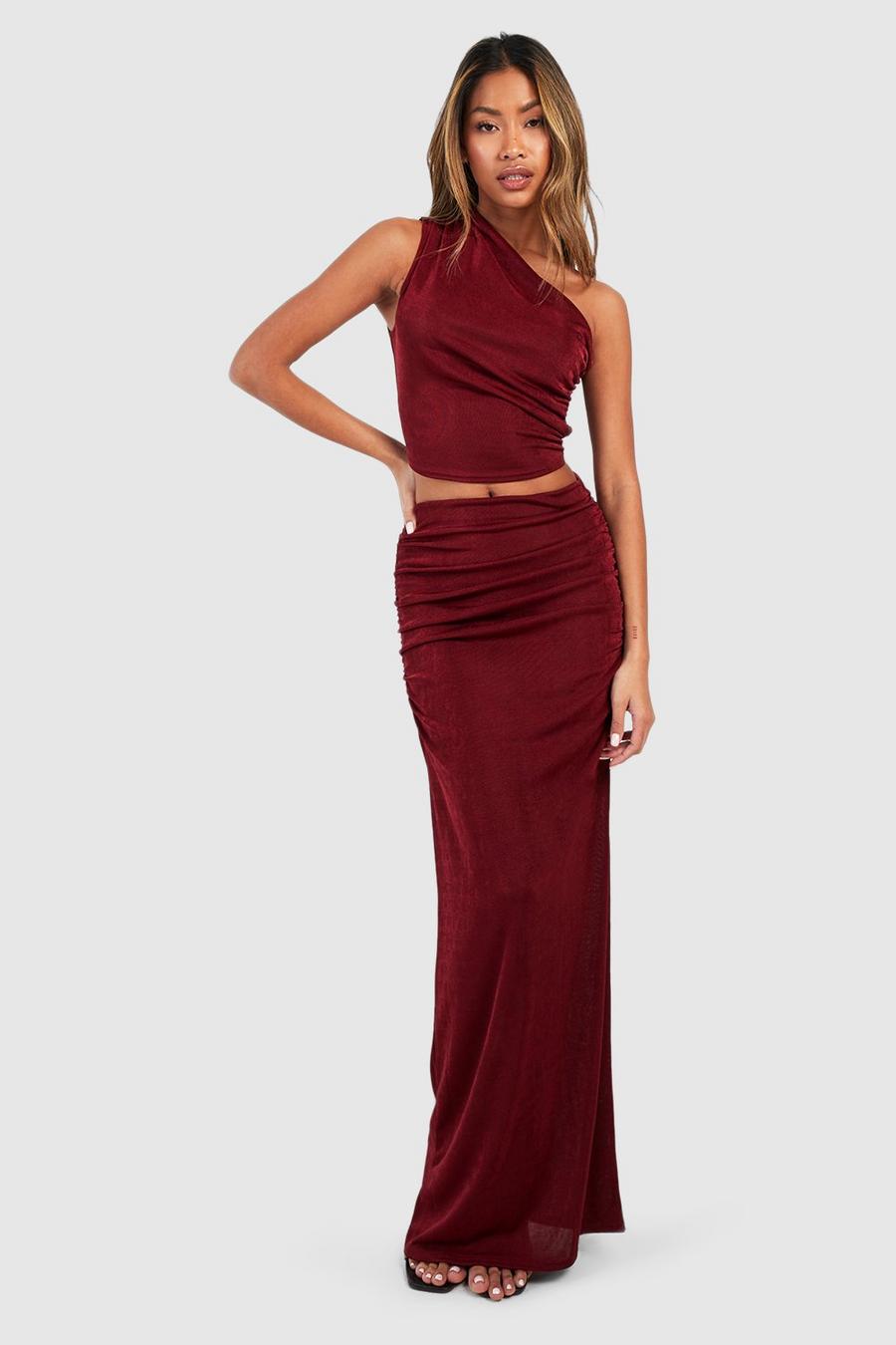 Wine Acetate Slinky Asymmetric Ruched Top & Ruched Maxi Skirt