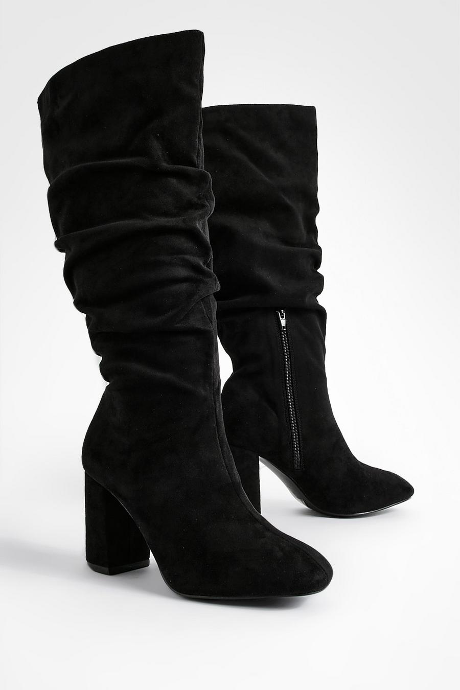 Black Wide Fit Slouchy Block Heel Boots 