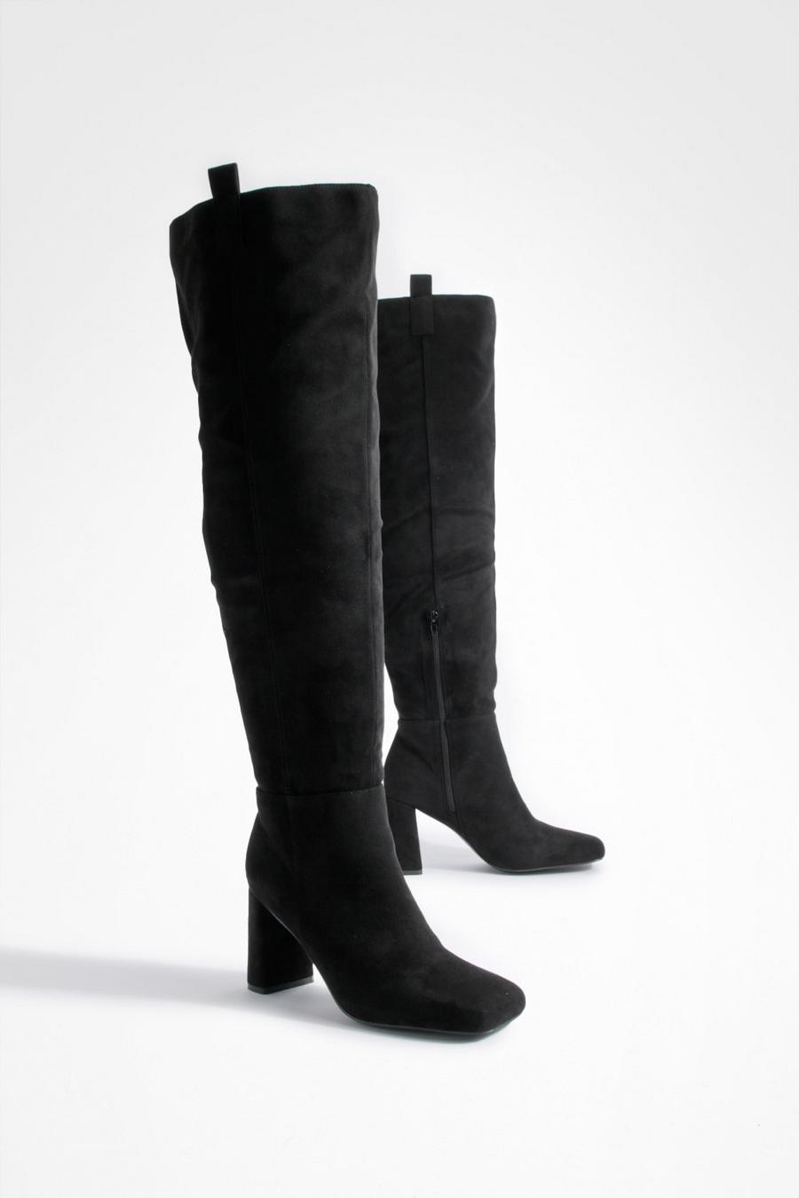 Black Wide Fit Tab Detail Over The Knee Boots