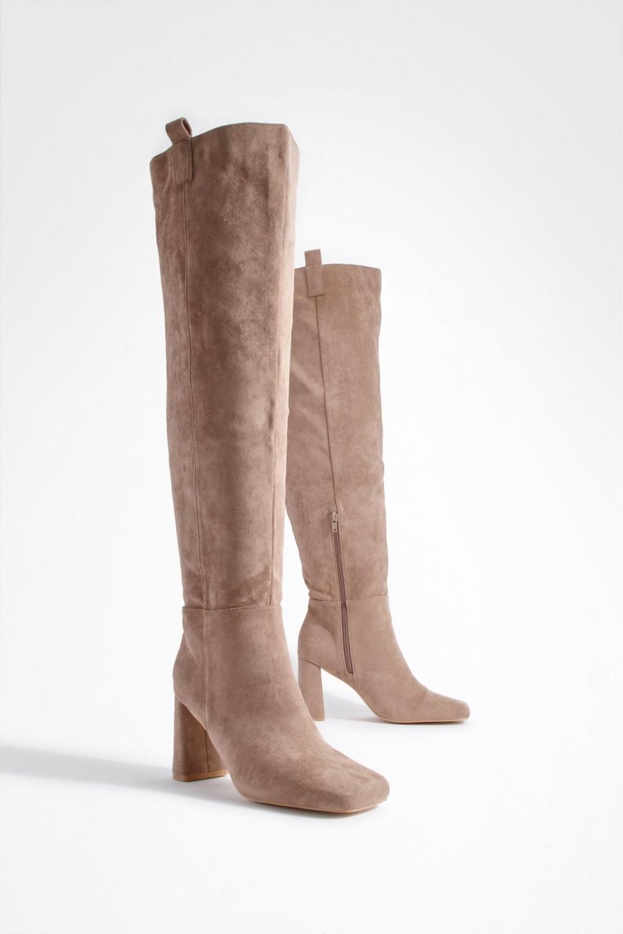 Taupe Wide Fit Tab Detail Over The Knee Boots