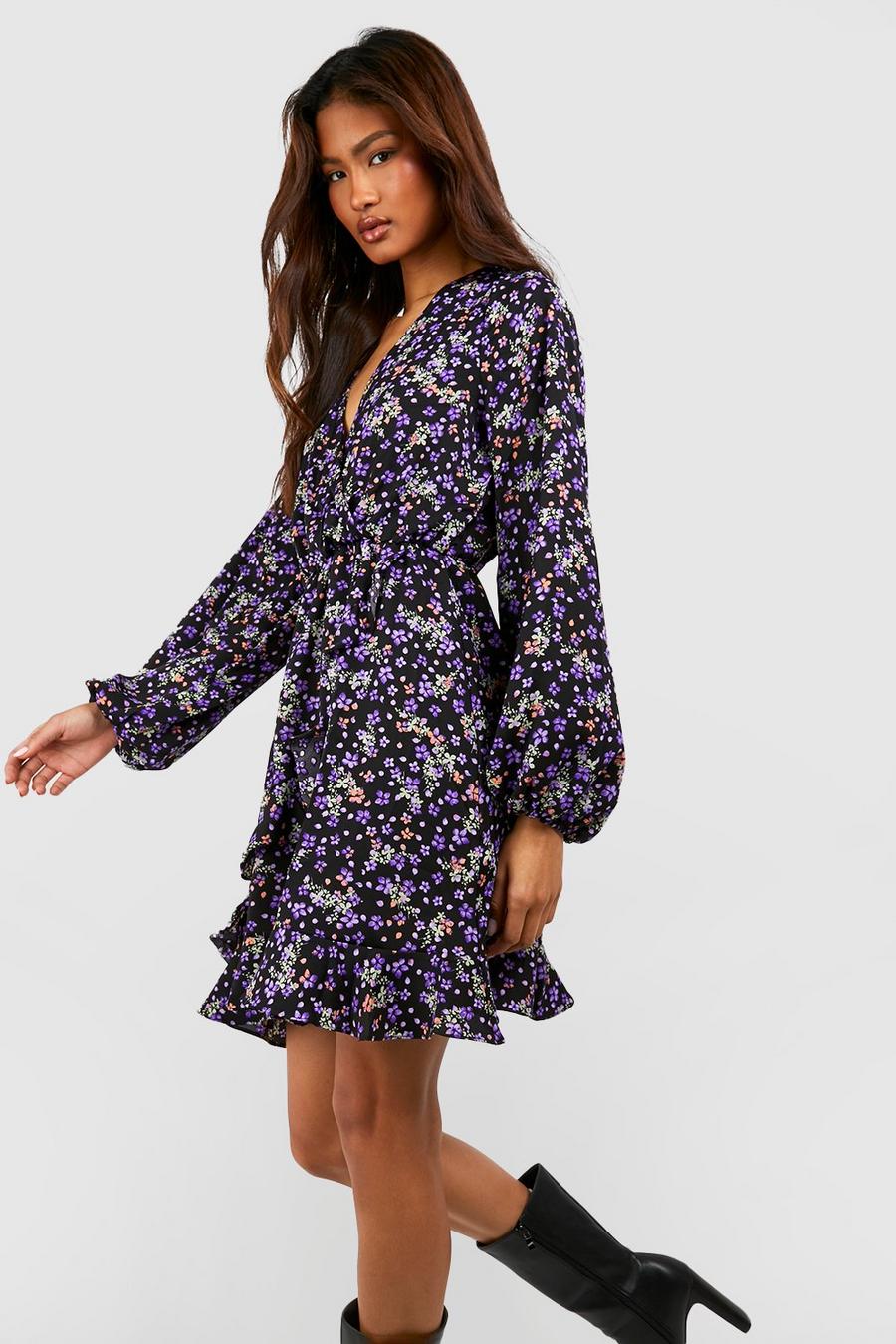 Black Tall Floral Print Ruffle Wrap Skater Dress image number 1