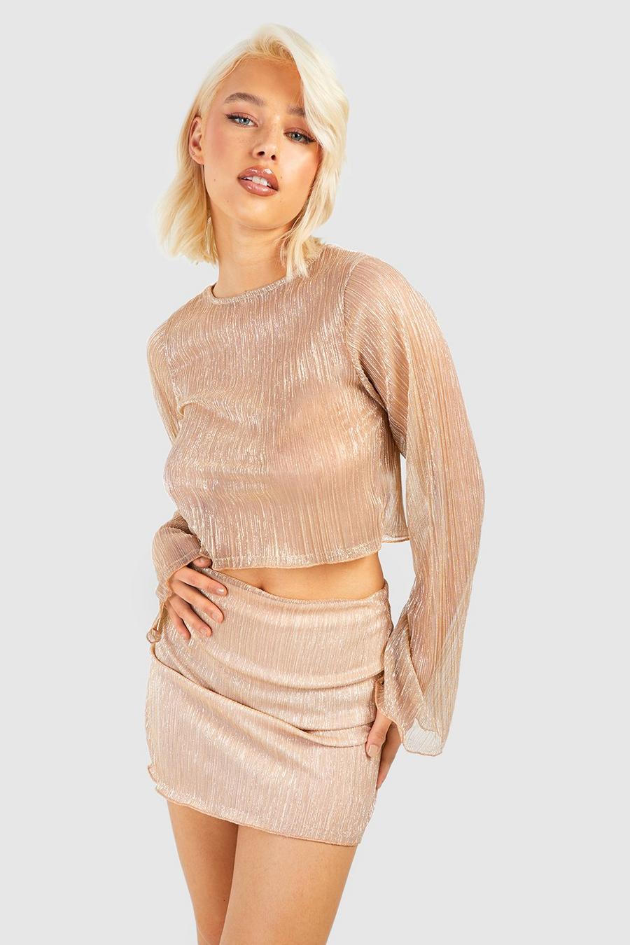 Gold Glitter Plisse Crop Top & Micro Mini Skirt