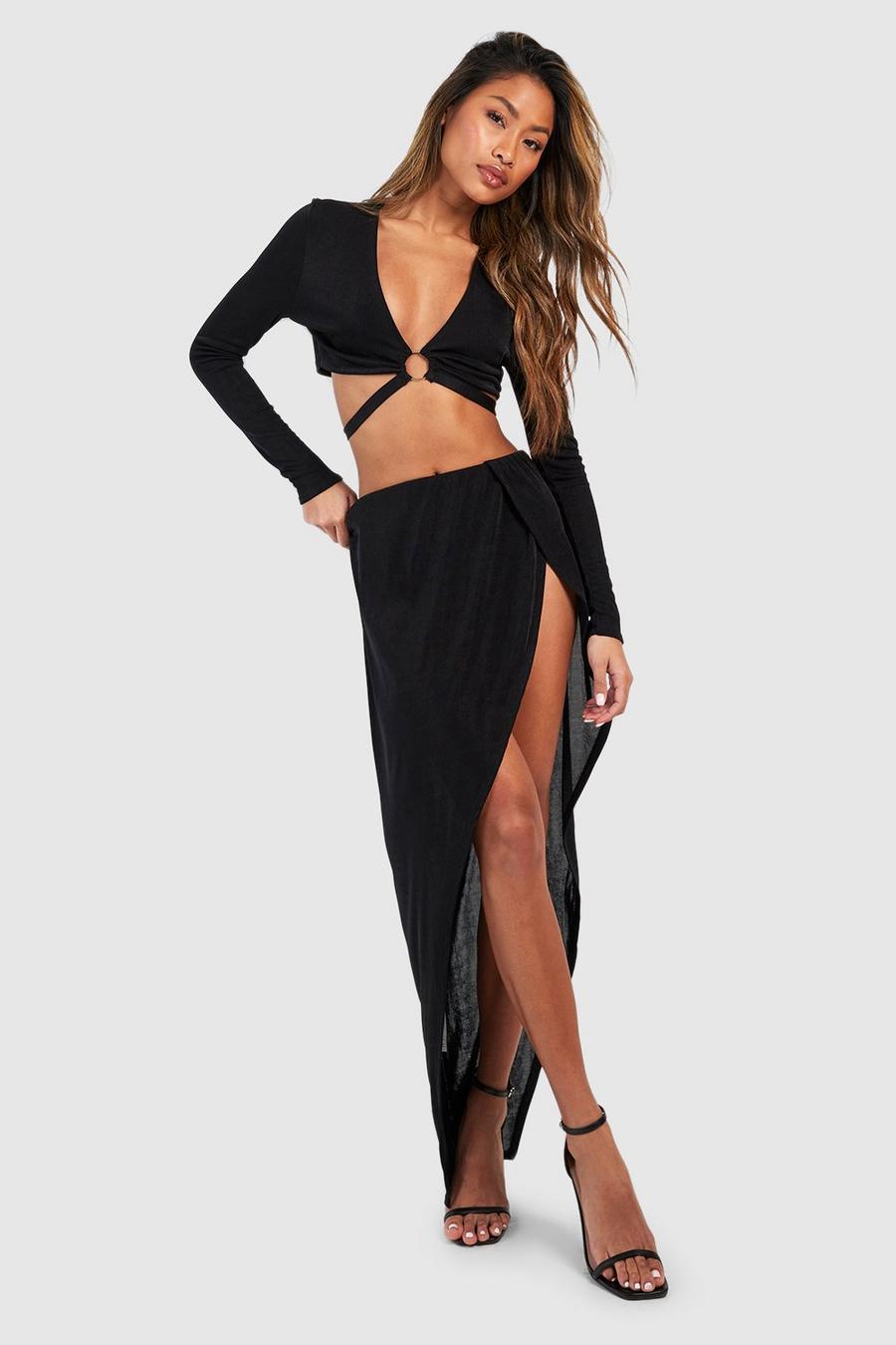 Black Acetate Slinky O Ring Cut Out Top & Maxi Skirt