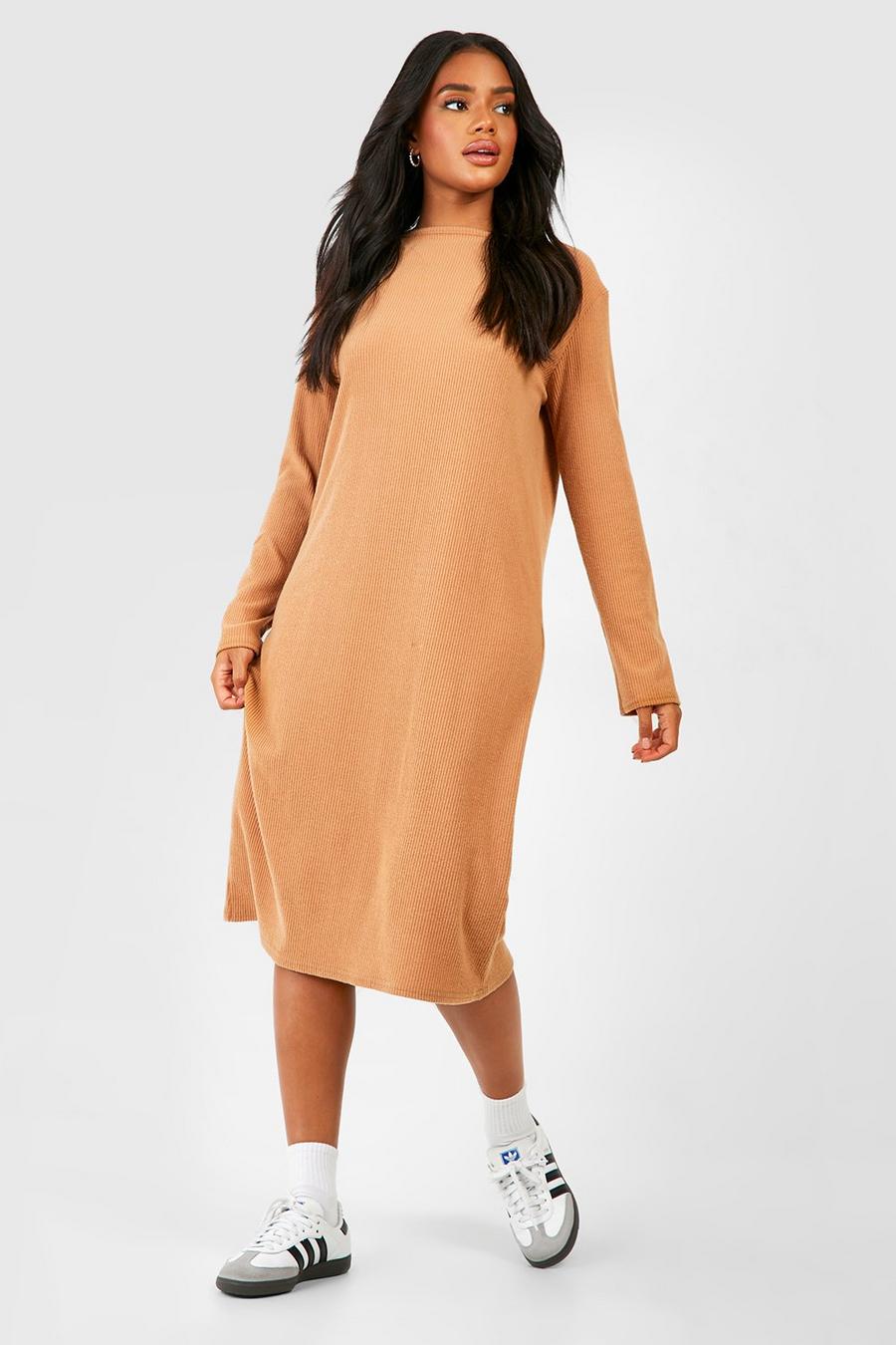 Camel Oversized Zachte Geribbelde Midi Jurk