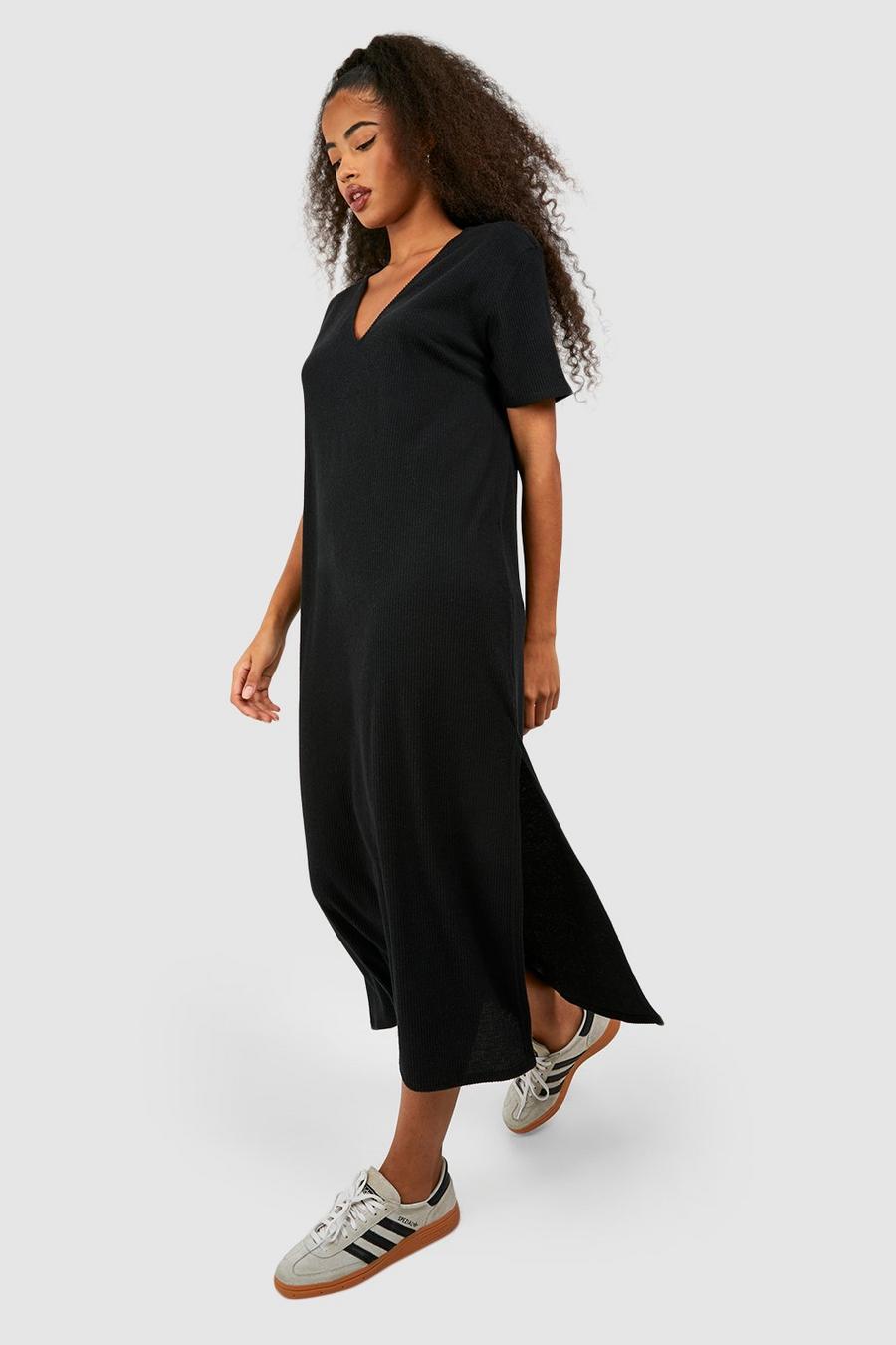 Weiches geripptes Oversize T-Shirt-Kleid, Black image number 1