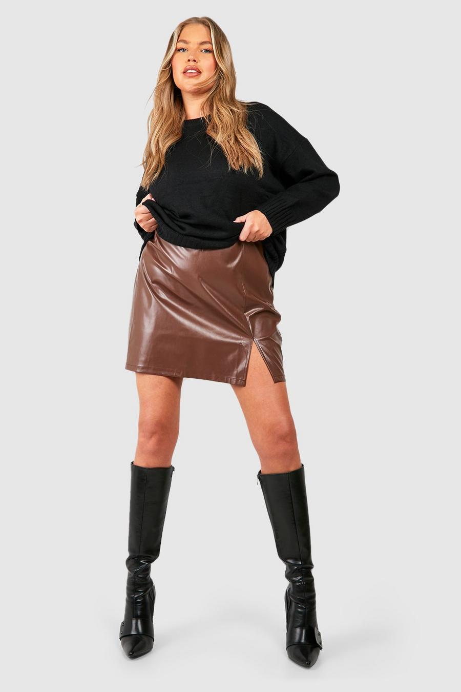 Minifalda Plus de cuero sintético con abertura lateral, Chocolate