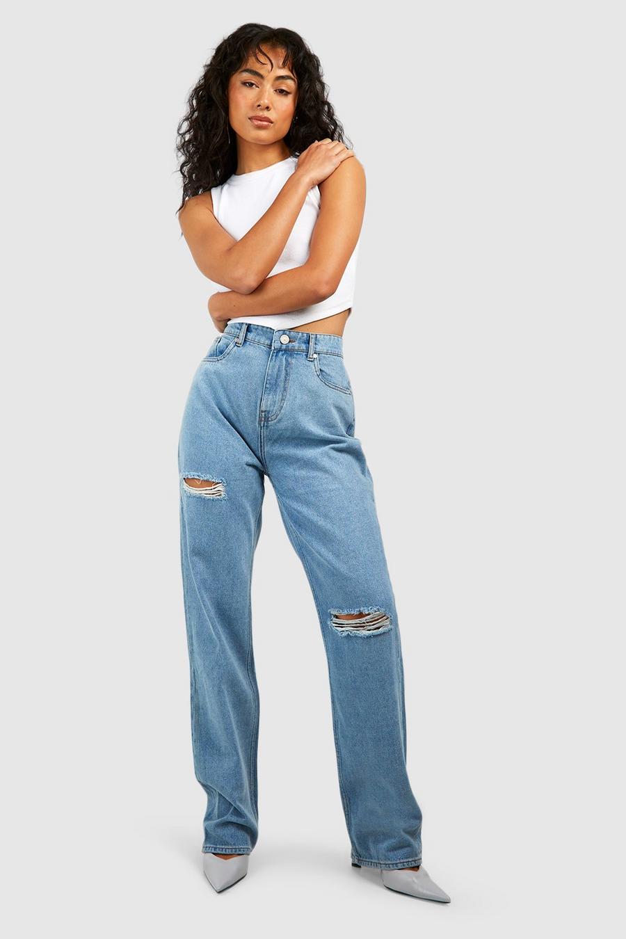 Mid blue Ripped Straight Leg Jeans