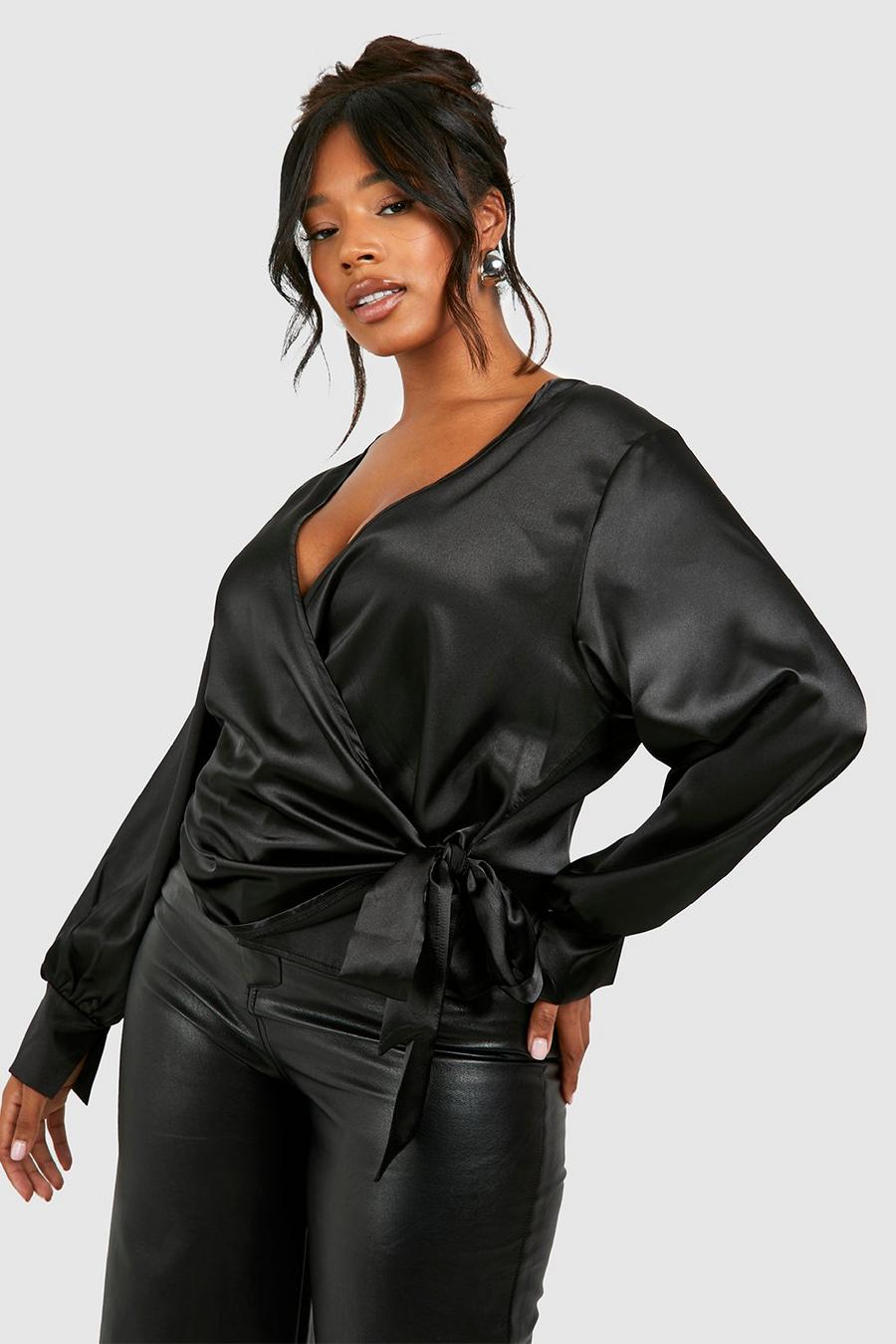 Blusa scaldacuore Plus Size in raso con laccetti, Black