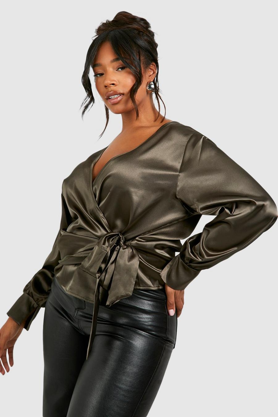 Khaki Plus Satin Wrap Tie Blouse