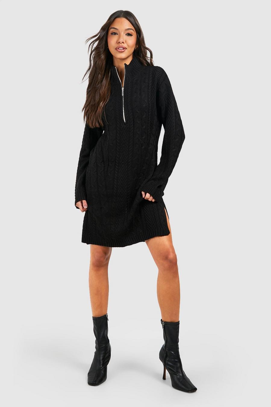 Black Half Zip Cable Knit Sweater Dress