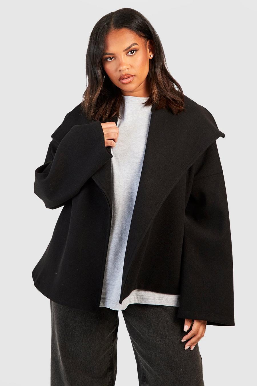 Cappotto corto Plus Size effetto lana a cascata, Black