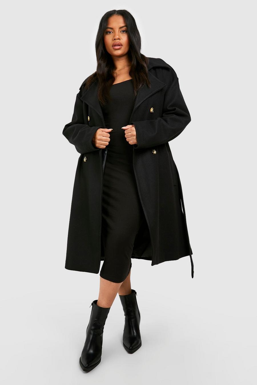 Grande taille - Manteau effet laine à ceinture, Black