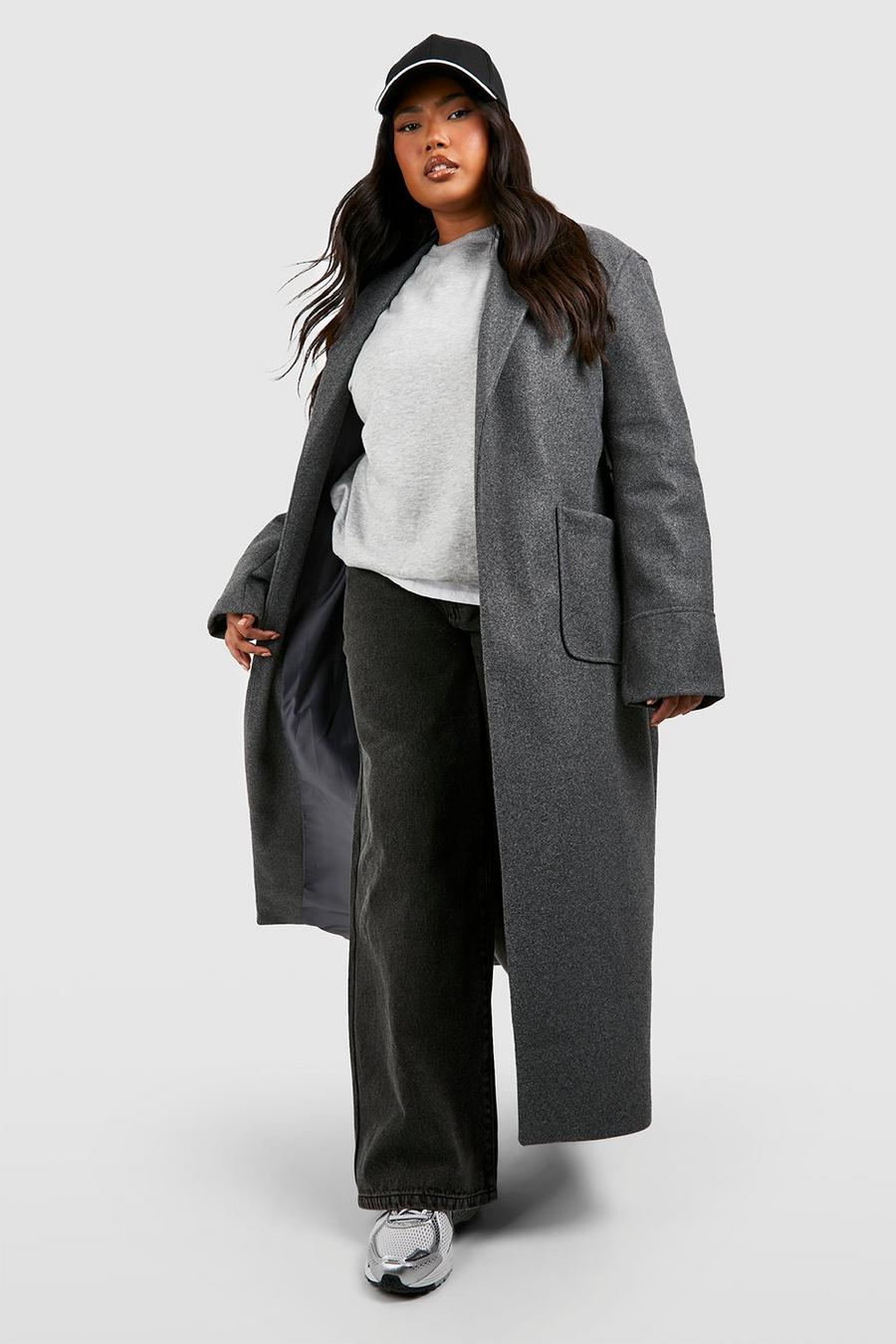 Giacca lunga Plus Size effetto lana con cintura, Dark grey