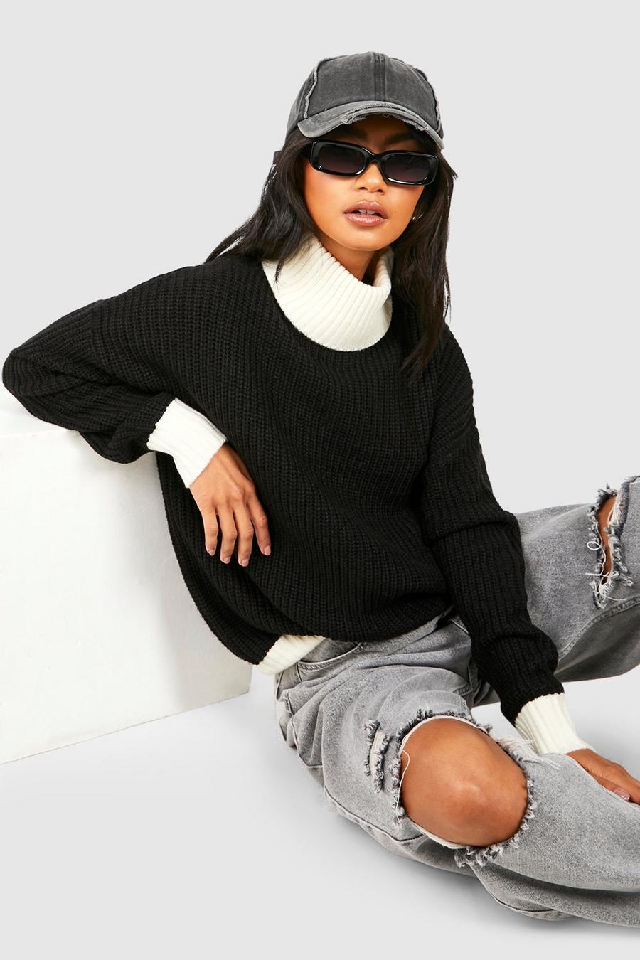 Black Color Block Turtleneck Sweater