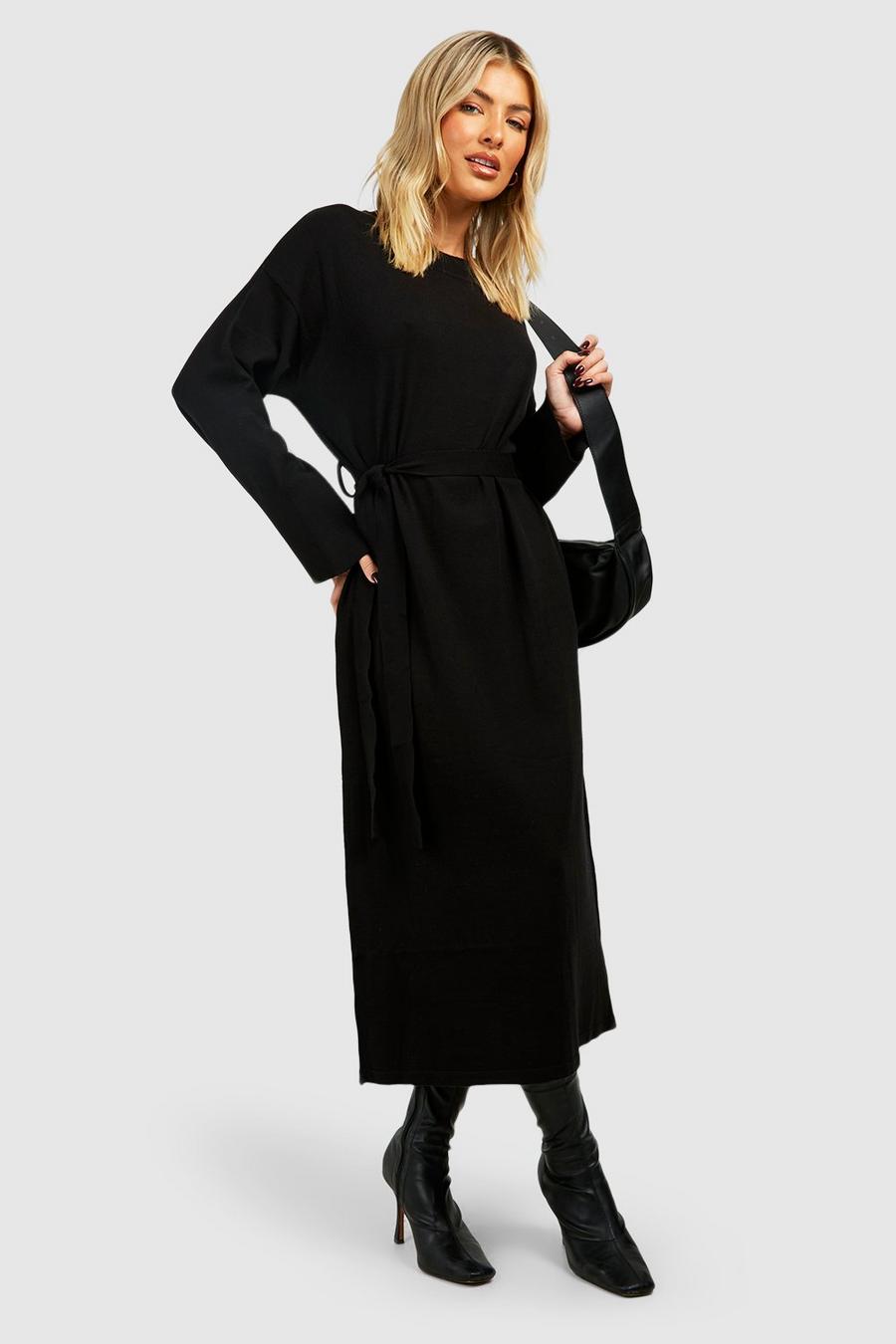 Black Fine Gauge Belted Knitted Midaxi Dress