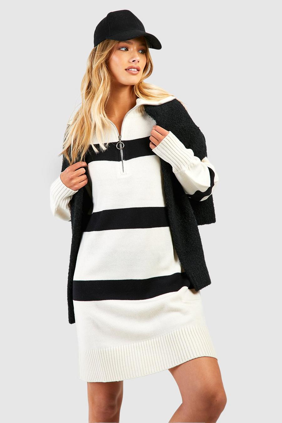 Ivory Half Zip Stripe Sweater Dress image number 1
