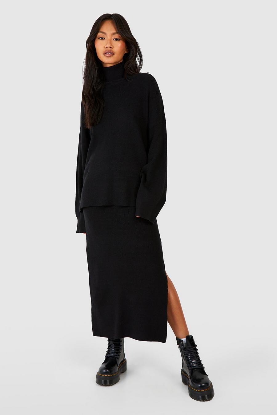 Black Fine Gauge Turtleneck Sweater And Skirt Knitted Set