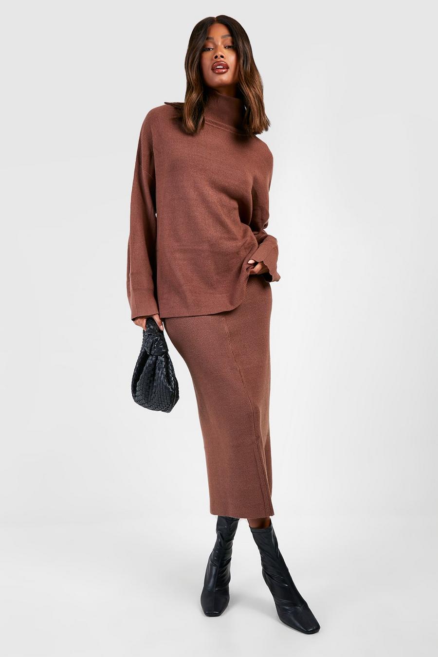 Chocolate Fine Gauge Roll Neck Jumper And Skirt Knitted Set