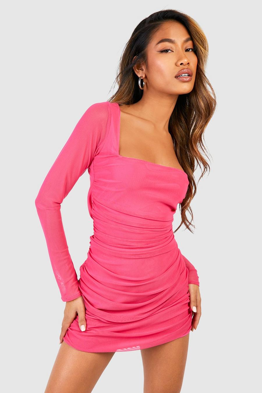 Magenta pink Square Neck Ruched Mesh Bodycon Dress
