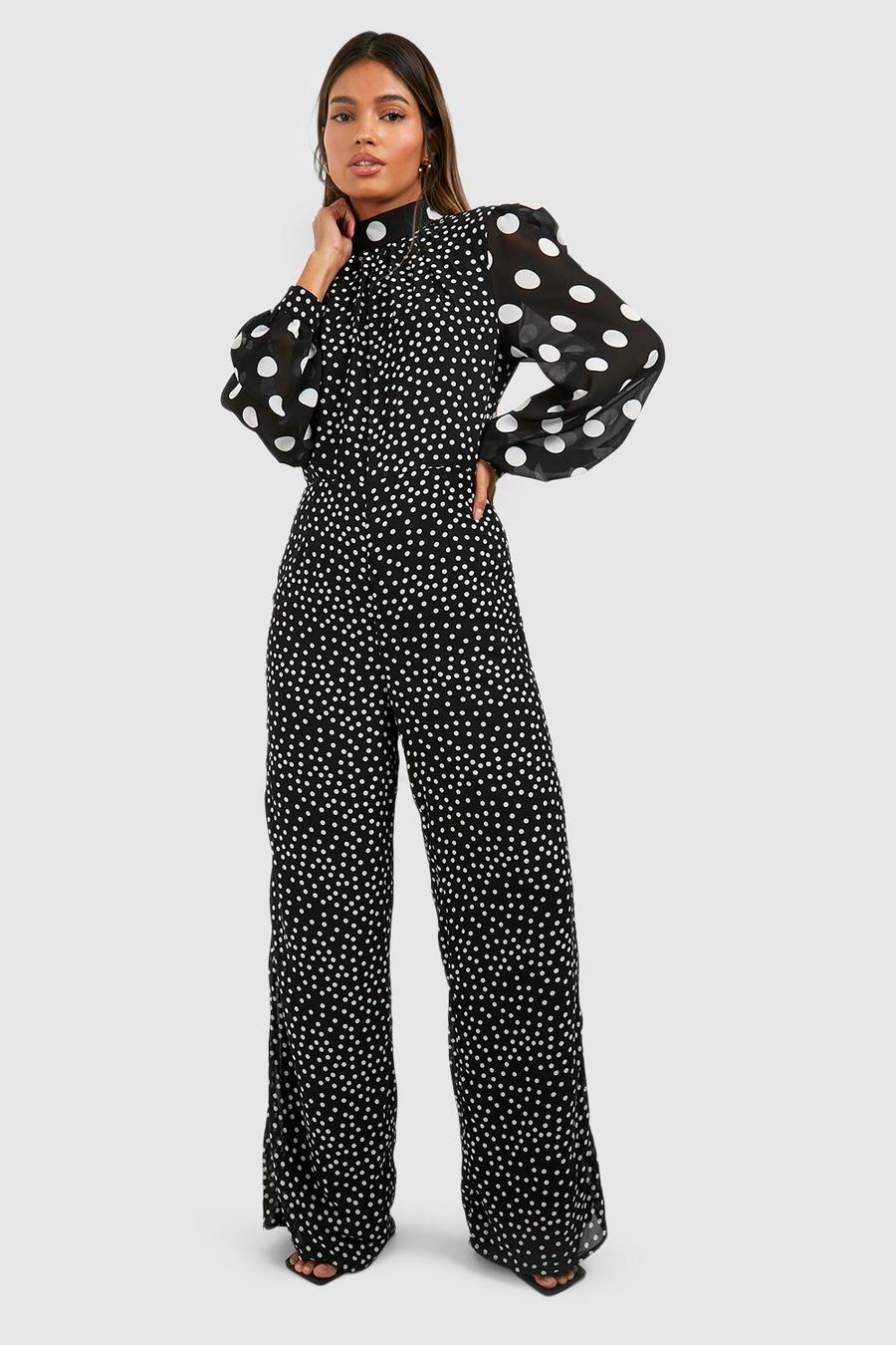 Black Polka Dot Puff Sleeve Jumpsuit image number 1