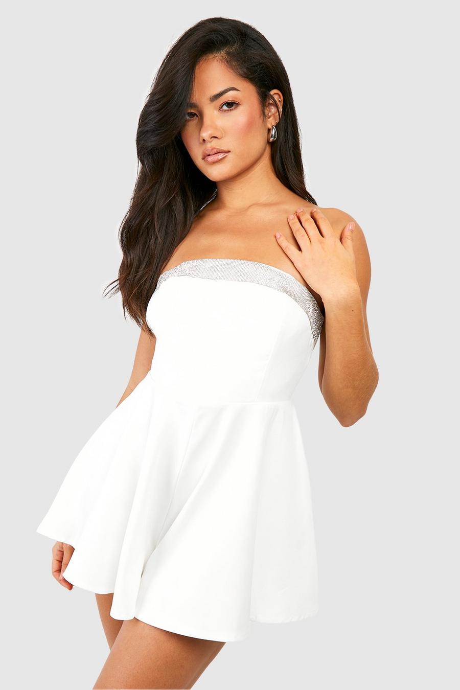 White Rhinestone Strappy Tailored Romper