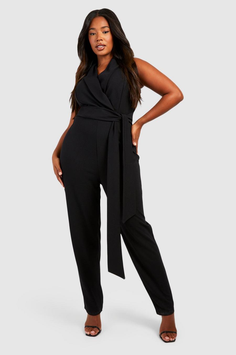 Black Plus Crepe Tie Front Tapered Tailored Jumpsuit 