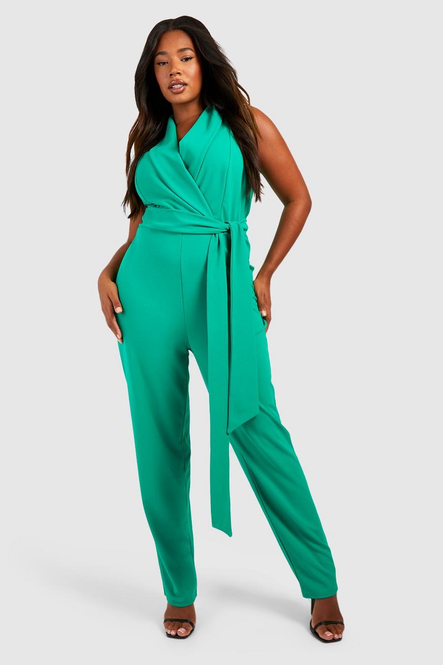 Green Plus Crepe Tie Front Tapered Tailored Jumpsuit 