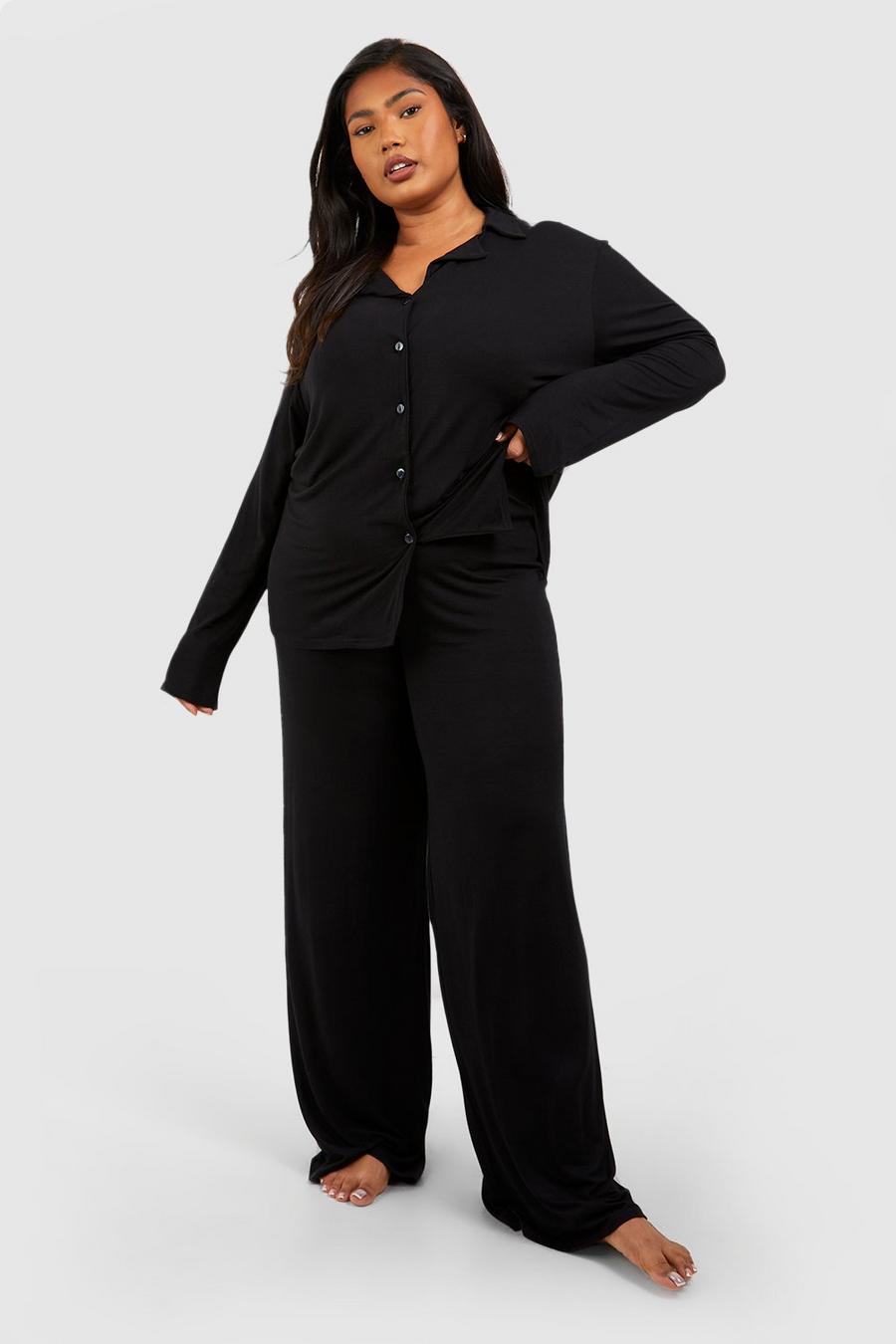 Pantalón Plus de pijama de pernera ancha y tela jersey aterciopelada, Black