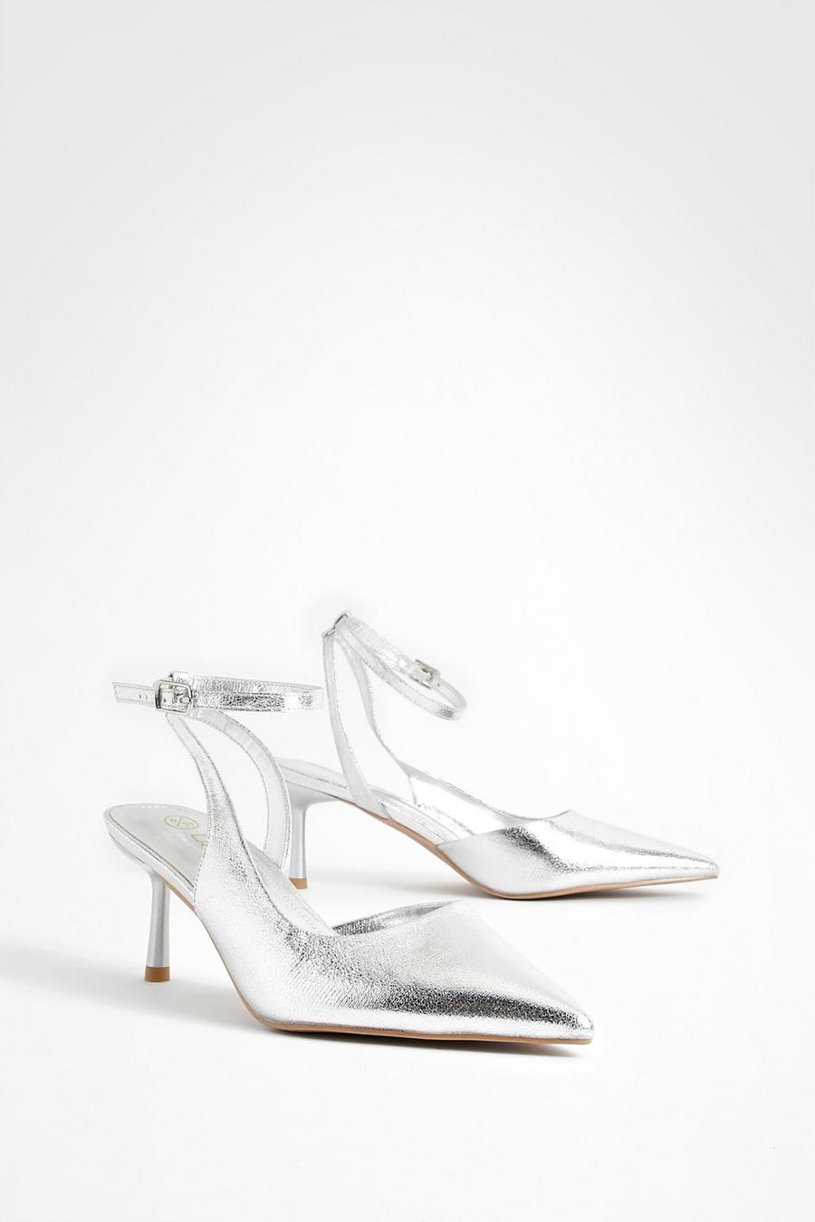 Zapatos de salón bajos cruzados metálicos, Silver