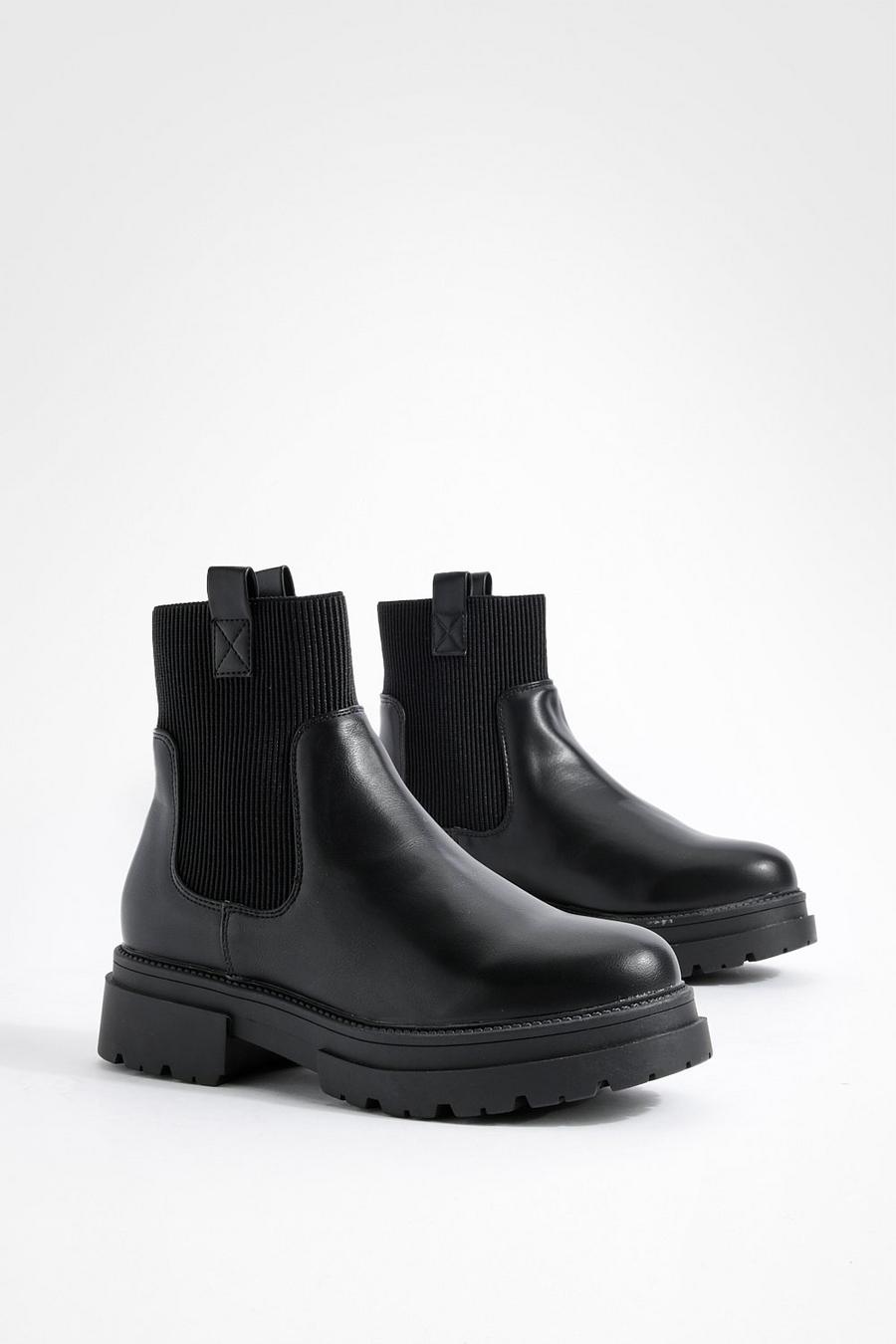Black Wide Width Double Tab Detail Chunky Chelsea Boots