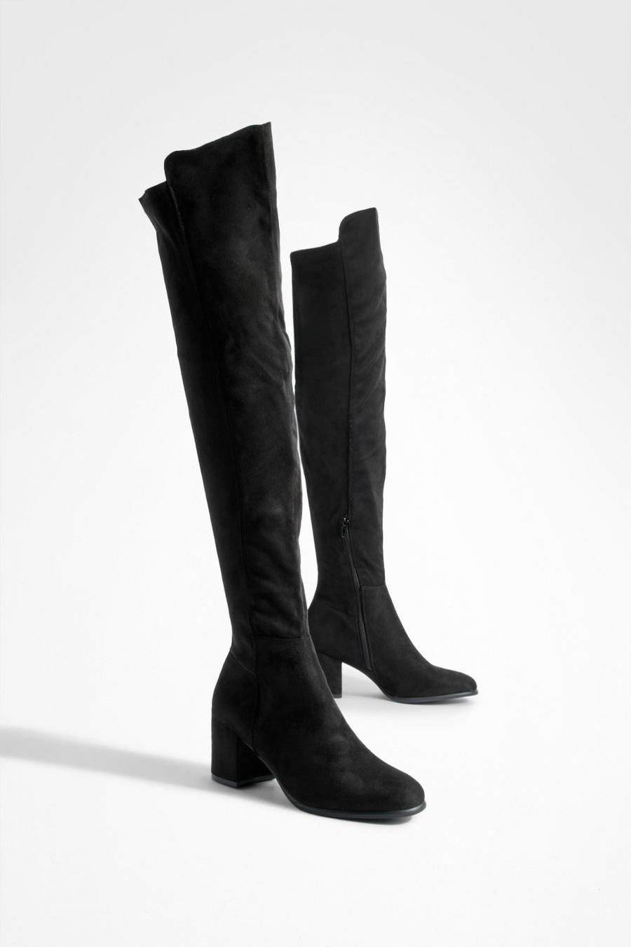 Stretch Overknee-Stiefel mit tiefem Blockabsatz, Black