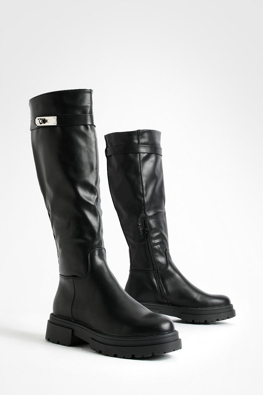 Buckle Detail Chunky Flat Knee High Biker Boots image number 1