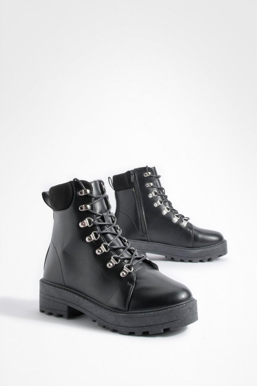 Black Wide Fit Eyelet Detail Lace Up Chunky Hiker Boots  image number 1