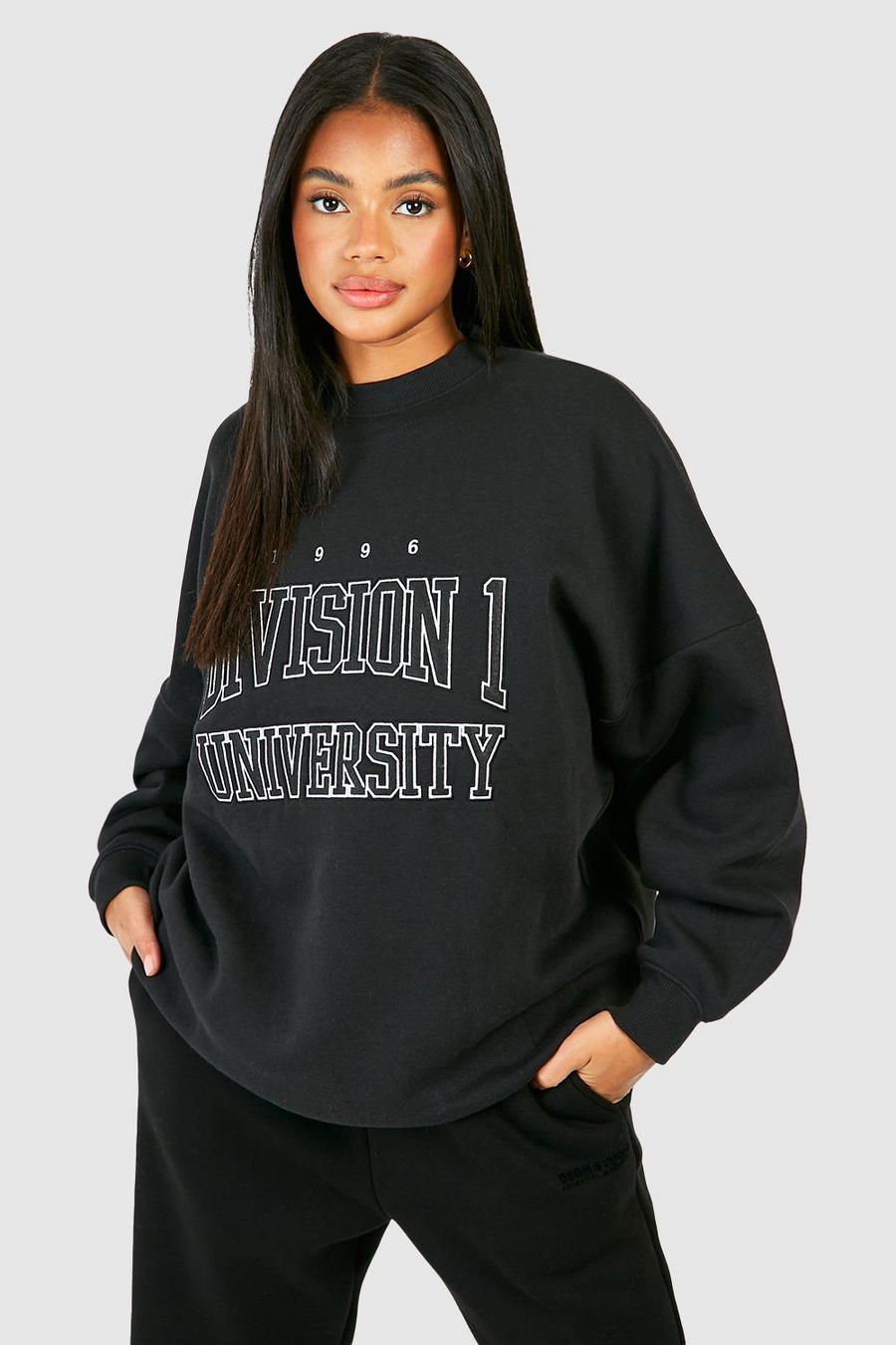 Black University Slogan Embroidered Oversized Sweatshirt 