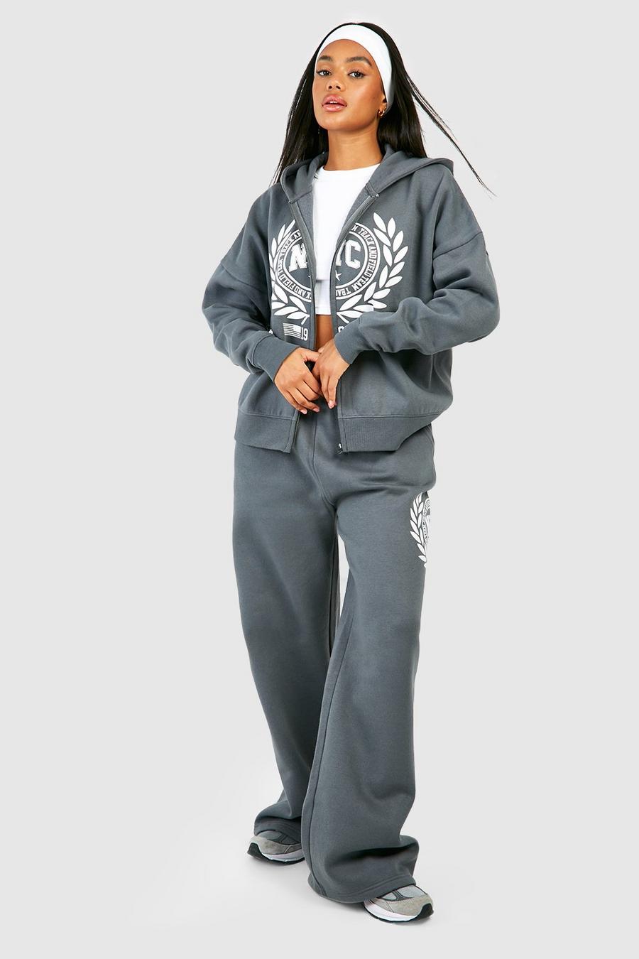 Charcoal Nyc Printed Zip Up Hoodie And Wide Leg Track Pants Tracksuit image number 1