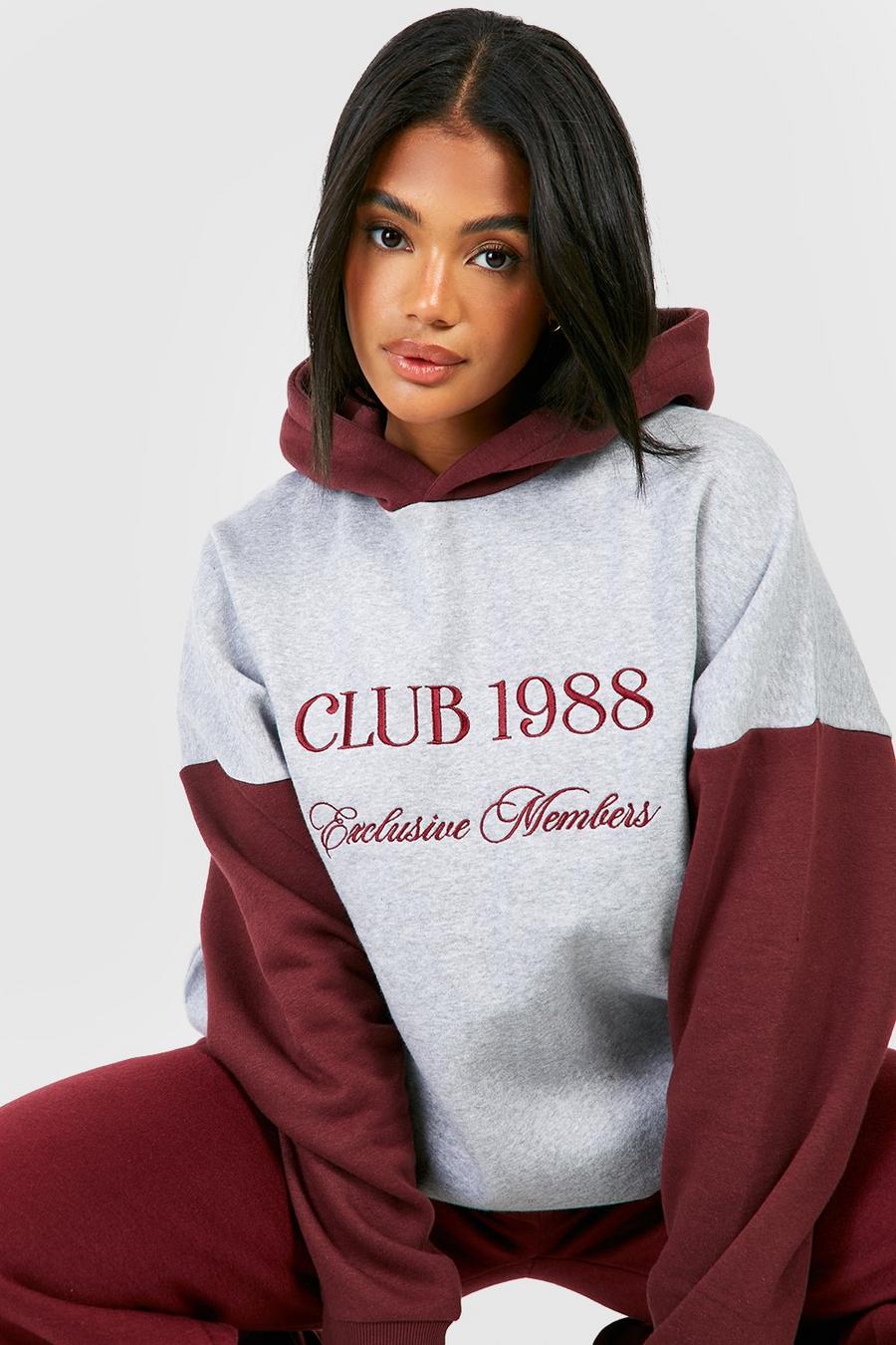 Burgundy Club 1988 Embroidered Double Layer Oversized Hoodie 