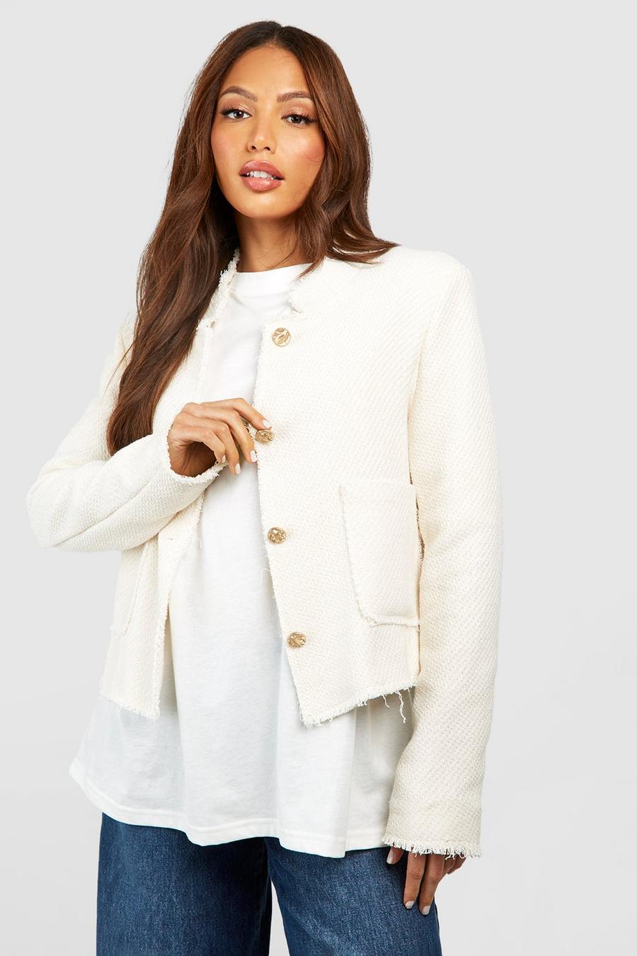 Ivory Tall Boucle Shoulder Pad Frayed Detail Jacket
