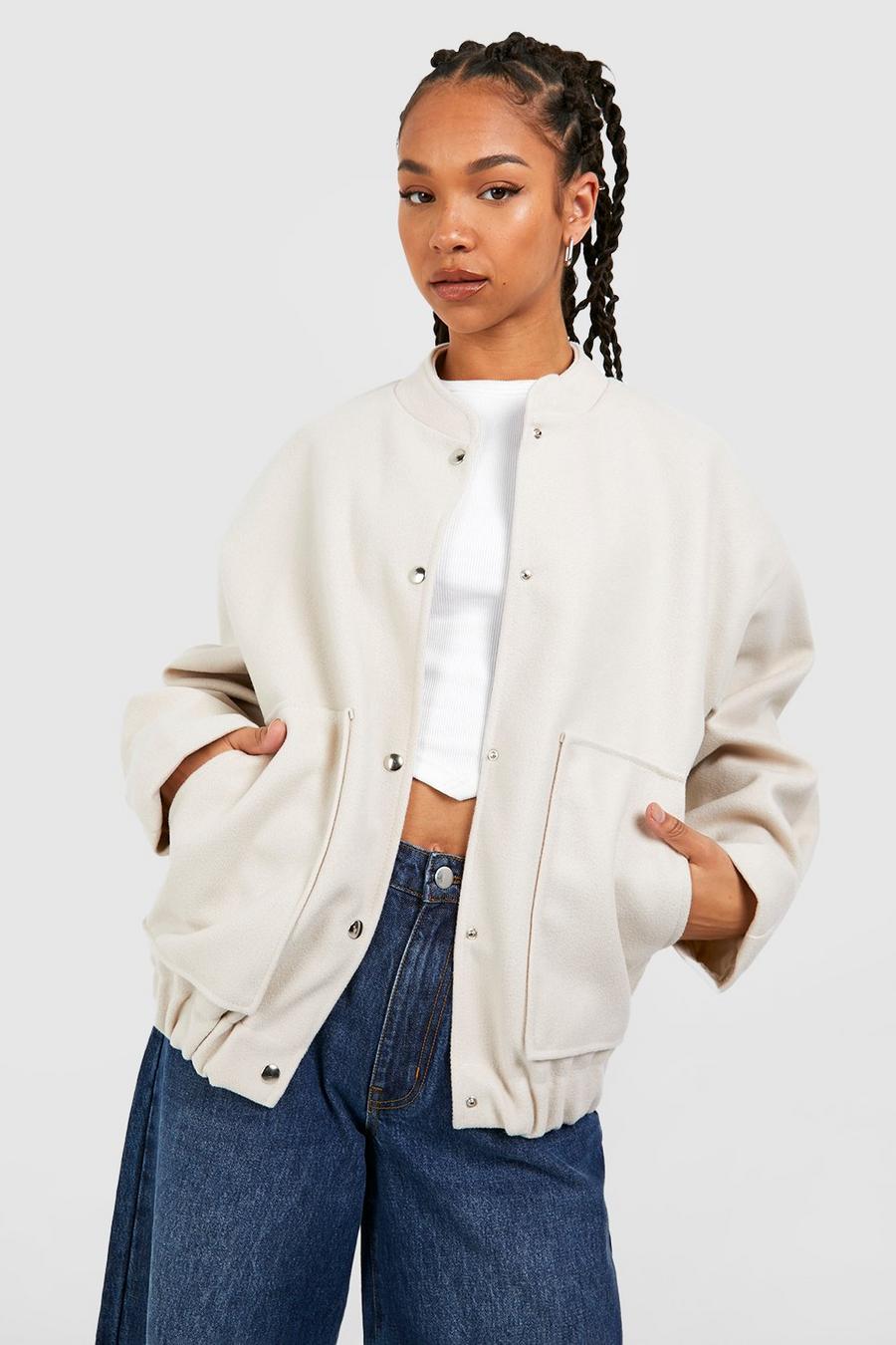 Stone Tall Wool Look Oversized Bomber Jacket image number 1