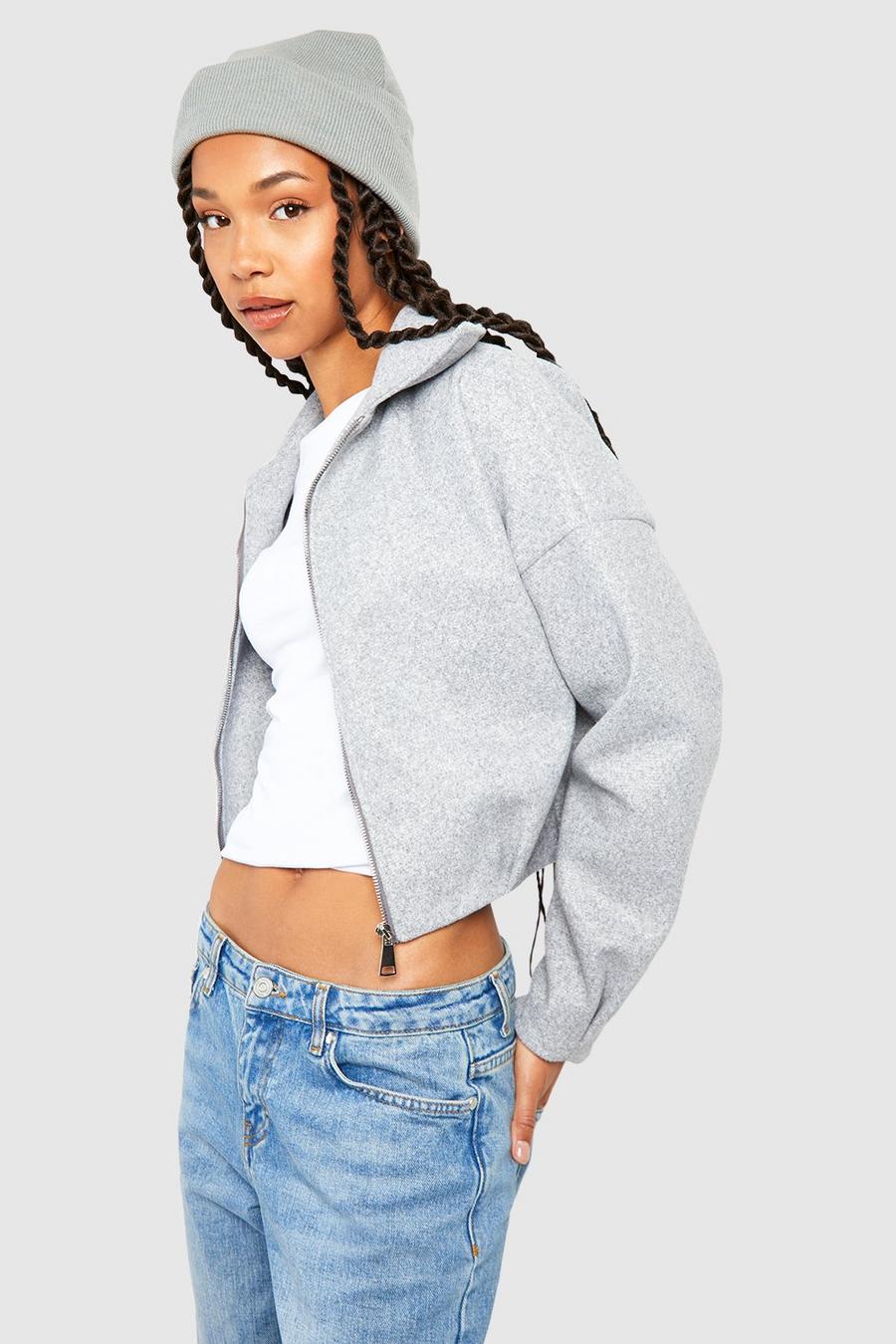 Grey Tall Cropped Wool Look Zip Up Bomber Jacket