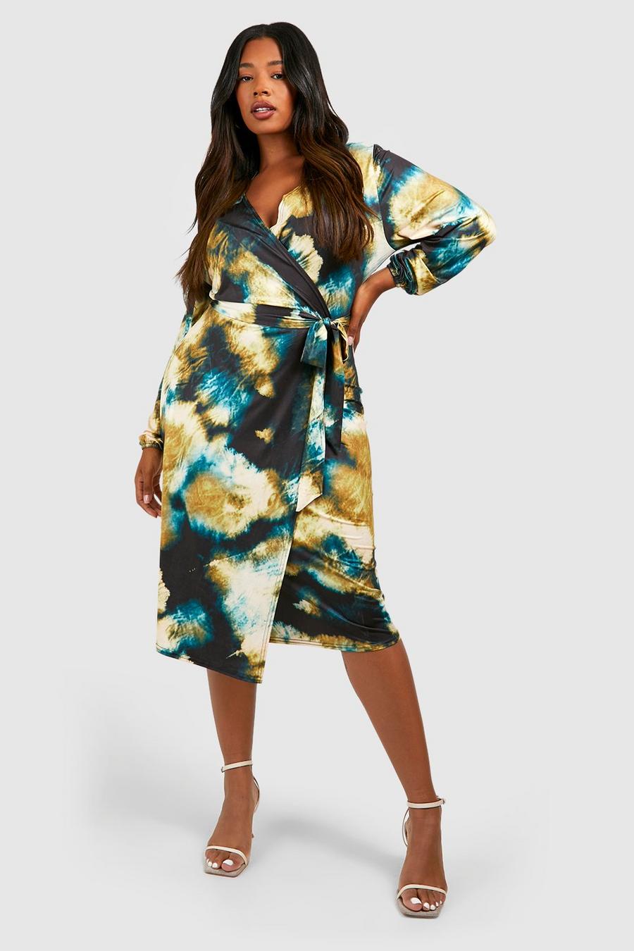 Grande taille - Robe portefeuille soyeuse tie dye, Green image number 1